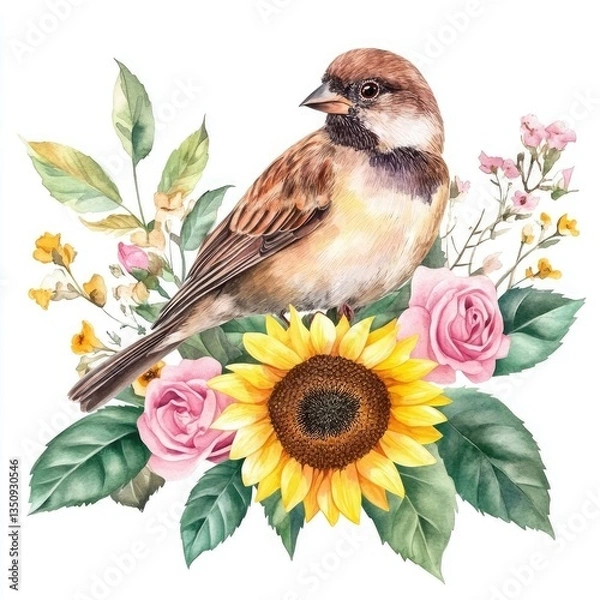 Fototapeta A watercolor painting of a sparrow perched amidst sunflowers and roses. The delicate details and soft colors create a serene and beautiful image.