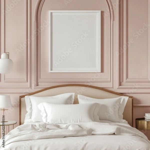 Fototapeta Blank frame mockup in a pink bedroom with a white bed.