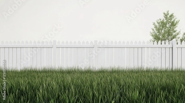 Fototapeta A pristine white picket fence stands tall against a pale wall, framed by a lush expanse of vibrant green grass. A small tree peeks from behind the fence, adding a touch of nature to the scene.