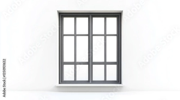Fototapeta A sleek, modern window with a gray frame stands out against a minimalist white wall. The panes create a clean, geometric pattern, adding architectural interest.