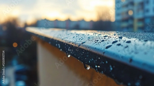 Fototapeta A close up shot of a metallic rain gutter with water droplets forming on its edge, against a blurred urban background