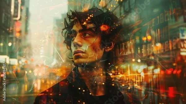 Fototapeta Urban dreamer gazing at city lights, blending person and cityscapes