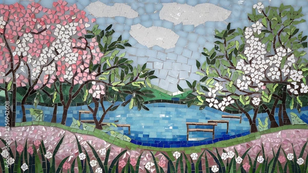Fototapeta Spring blossoms frame a tranquil lake scene.
