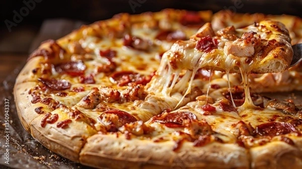 Fototapeta Delicious pizza slice being pulled from large pepperoni and chicken pizza on rustic table
