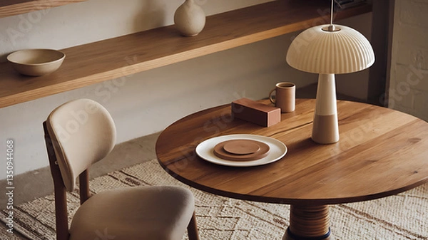 Fototapeta Warm minimalist dining table setting Natural wood neutral tones simple design