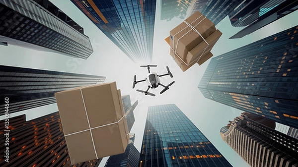 Fototapeta Drone delivery service in a modern cityscape Urban package delivery