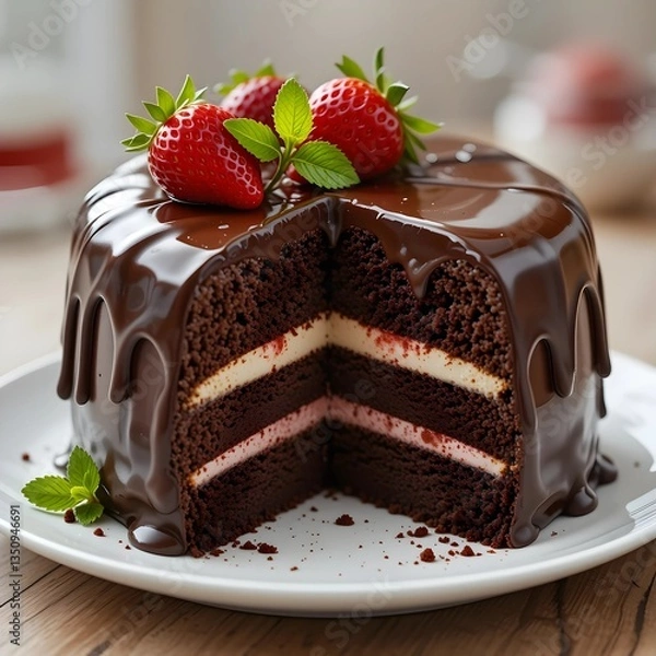 Fototapeta The soft chocolate cake, filled with creamy goodness, is covered in a shiny chocolate glaze that glistens invitingly. Just one bite releases a sweet aroma that fills the air.