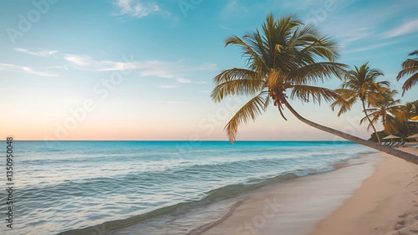 Fototapeta Tropical beach paradise at sunset Calm ocean palm trees soft sand