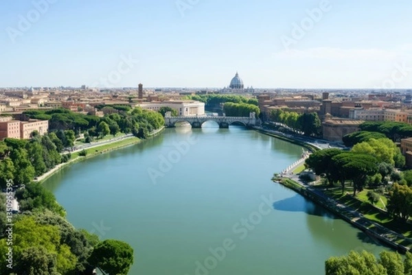 Fototapeta Aerial view of the Tiber River flowing through Rome, showcasing bridges, greenery, and St. Peter's Basilica