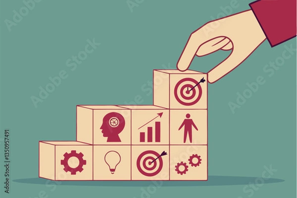 Obraz 60 wooden cubes with business icons, finger pointing at target icon, selective focus, teal background, strategy concept, goal setting, business objectives, minimalist composition, shallow depth of fie