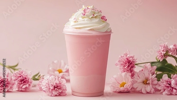 Fototapeta Pink blended beverage with whipped cream