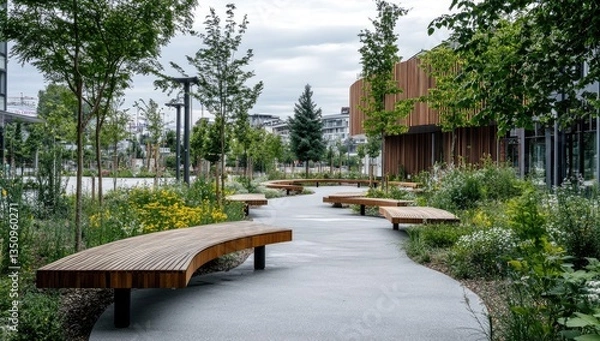 Fototapeta Urban park with curved benches, landscaping, and modern architecture