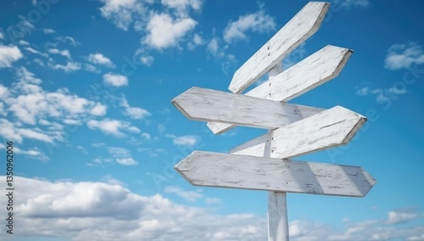 Fototapeta Wooden directional signs against a vibrant sky.  Multiple paths, choices, and decisions depicted