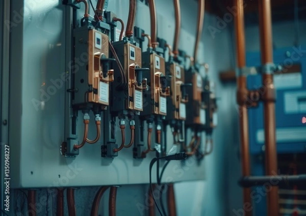 Obraz Industrial circuit breakers with copper wires in a control panel.