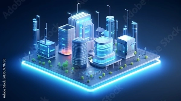 Fototapeta A futuristic city glowing with innovation and technological advancement, nestled on a digital platform, illuminated by vibrant blue neon light.