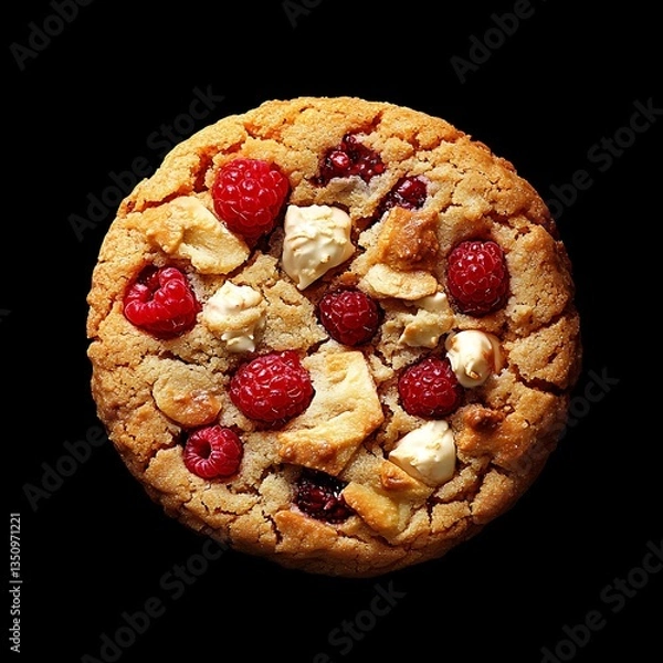 Fototapeta Gourmet Raspberry and White Chocolate Cookie on Black Background – Dessert Photography