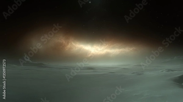 Obraz Alien planet shrouded in a nebula.  Vast, icy plains meet a luminous cosmic cloud