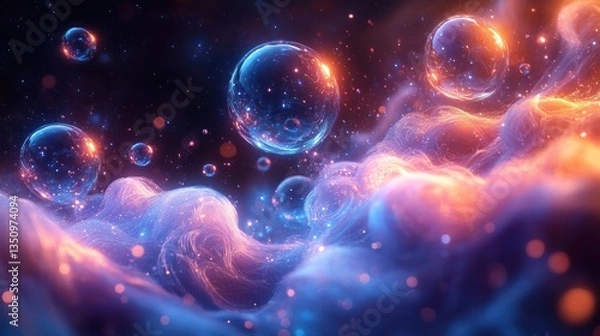 Fototapeta Floating orbs in swirling nebulae, cosmos, abstract