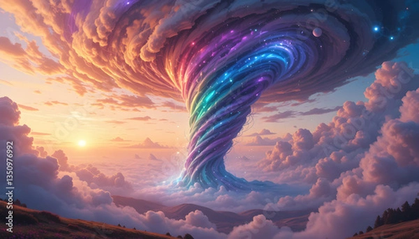 Fototapeta Prismatic Tempest: A Surreal 4K Painting of a Rainbow Tornado in a Dreamy Sky
