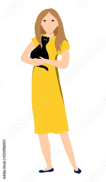 Obraz A young woman in a yellow dress stands in a relaxed pose holding a black cat in her arms.. Person Isolated flat cartoon design element.