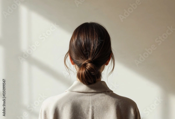 Fototapeta Back view of woman in warm sunlight