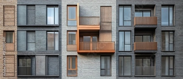 Fototapeta Modern urban apartment building facade with various window styles, balconies, and textures showcasing contemporary architecture and design elements