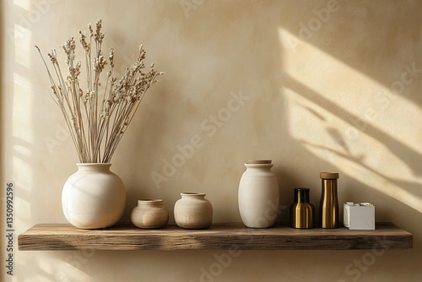 Fototapeta Japandi interior with a beige wall, wooden shelf, and brass accessories. Beige ceramic pots and natural reed sticks in the background.
