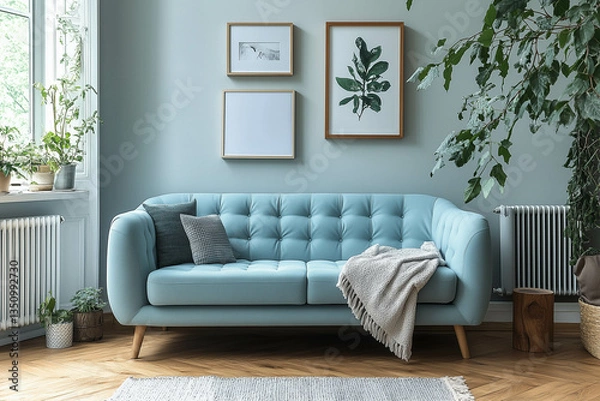 Fototapeta A light blue sofa in a Scandinavian-style interior