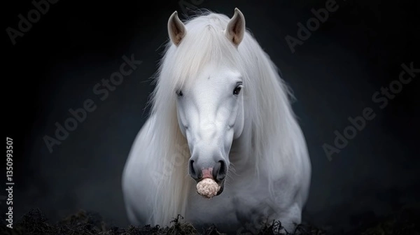 Fototapeta Majestic white horse portrait in dark backdrop.  Close-up view of a beautiful white horse with flowing mane and tail
