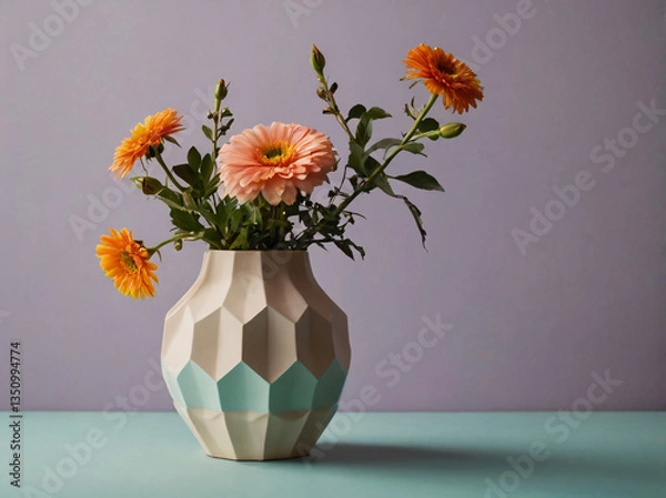 Obraz A stylish still-life composition featuring a geometric hexagonal vase with delicate flowers, set against a soft pastel background. Perfect for modern home decor, minimalistic design, interior inspirat