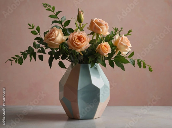 Obraz A stylish still-life composition featuring a geometric hexagonal vase with delicate flowers, set against a soft pastel background. Perfect for modern home decor, minimalistic design, interior inspirat