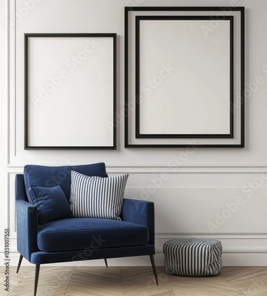 Fototapeta Blue velvet armchair with pillows and empty frames on white wall.