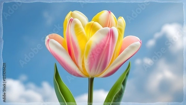 Obraz A vibrant and cheerful Easter card featuring a beautiful, cup-shaped tulip with petals in shades of bright yellow, soft pink, and delicate white, set against a serene blue sky