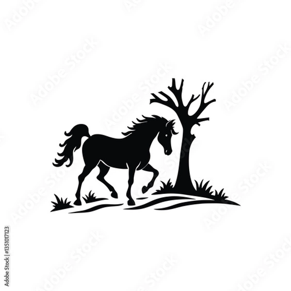 Obraz Horse with Tree – Vector Illustration, Nature Scene, Animal & Landscape Design