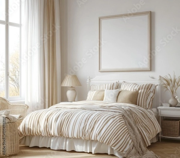 Fototapeta Bright bedroom with striped bedding, large window, and blank frame.