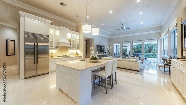 Obraz Modern kitchen island, open floor plan, Florida home, backyard view