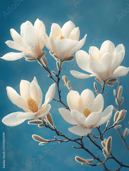 Fototapeta Magnolias in bloom against a blue background