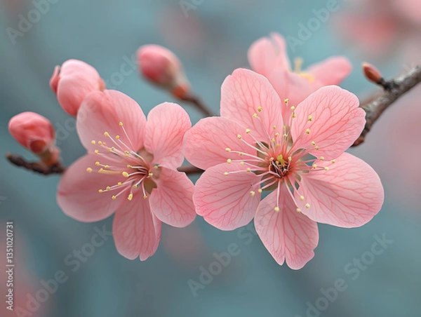 Fototapeta Macro close-up of pink peach blossoms: Social media picture