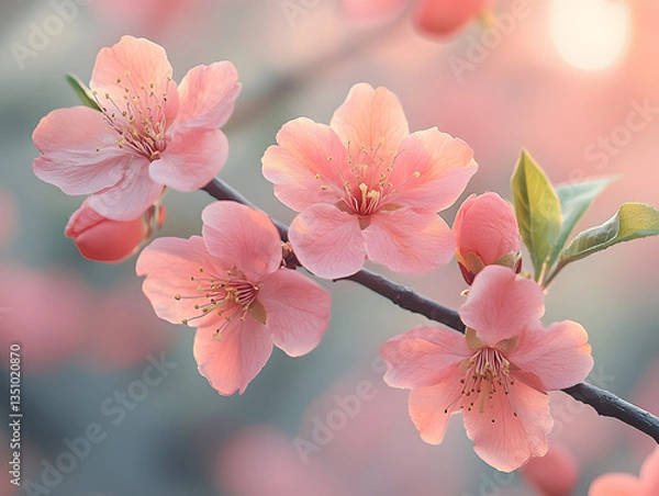 Fototapeta A close-up of delicate pink peach blossoms in soft lighting