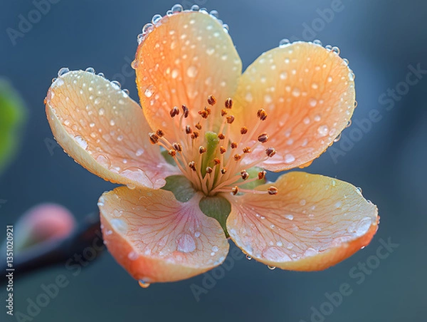 Fototapeta Macro close-up: Orange-pink flowers with dewdrops