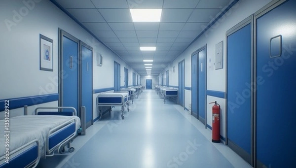 Fototapeta Hospital Hallway with Empty Beds and a Fire Extinguisher Indoor Setting