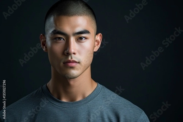 Fototapeta Portrait of a Young Asian Man with Short Hair in Studio
