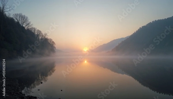 Fototapeta Serene sunrise over misty lake with reflections and soft pastel colors
