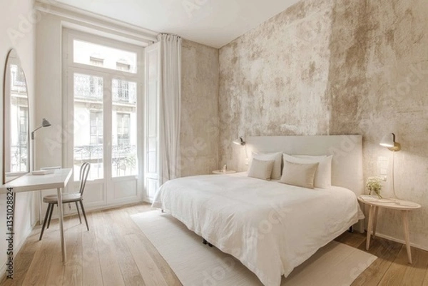 Fototapeta Bright minimalist bedroom with large window, textured wall, and wooden floors.