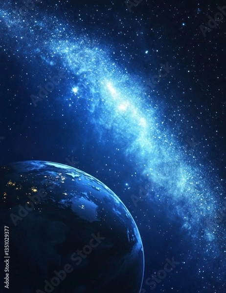 Fototapeta Earth View From Space with Galaxy and Stars in Dark Sky