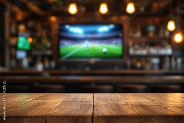 Fototapeta Wooden table top in a sports bar with a blurred background featuring a TV screen displaying a soccer match and warm ambient lighting. Ai generative