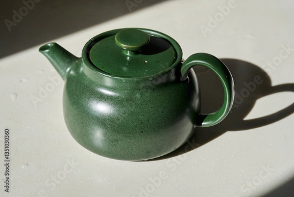 Fototapeta green pottery teapot with its shadow in sunlight