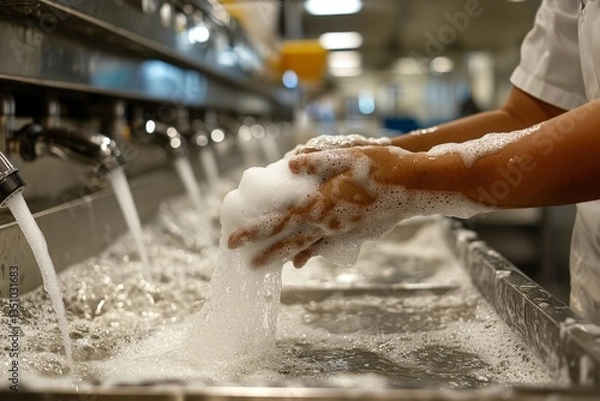 Obraz A worker in a food processing facility carefully washes hands under a stainless steel sink with soap and running water, emphasizing hygiene, prevention, and sanitation in food handling.