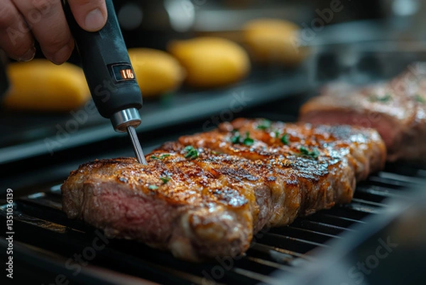 Obraz A food handler measuring the internal temperature of cooked meat with a digital thermometer, ensuring hygiene, health safety, and prevention.