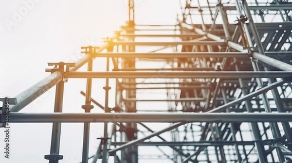Fototapeta Construction Scaffolding Metal Framework Industrial Structure Building Site Close up View